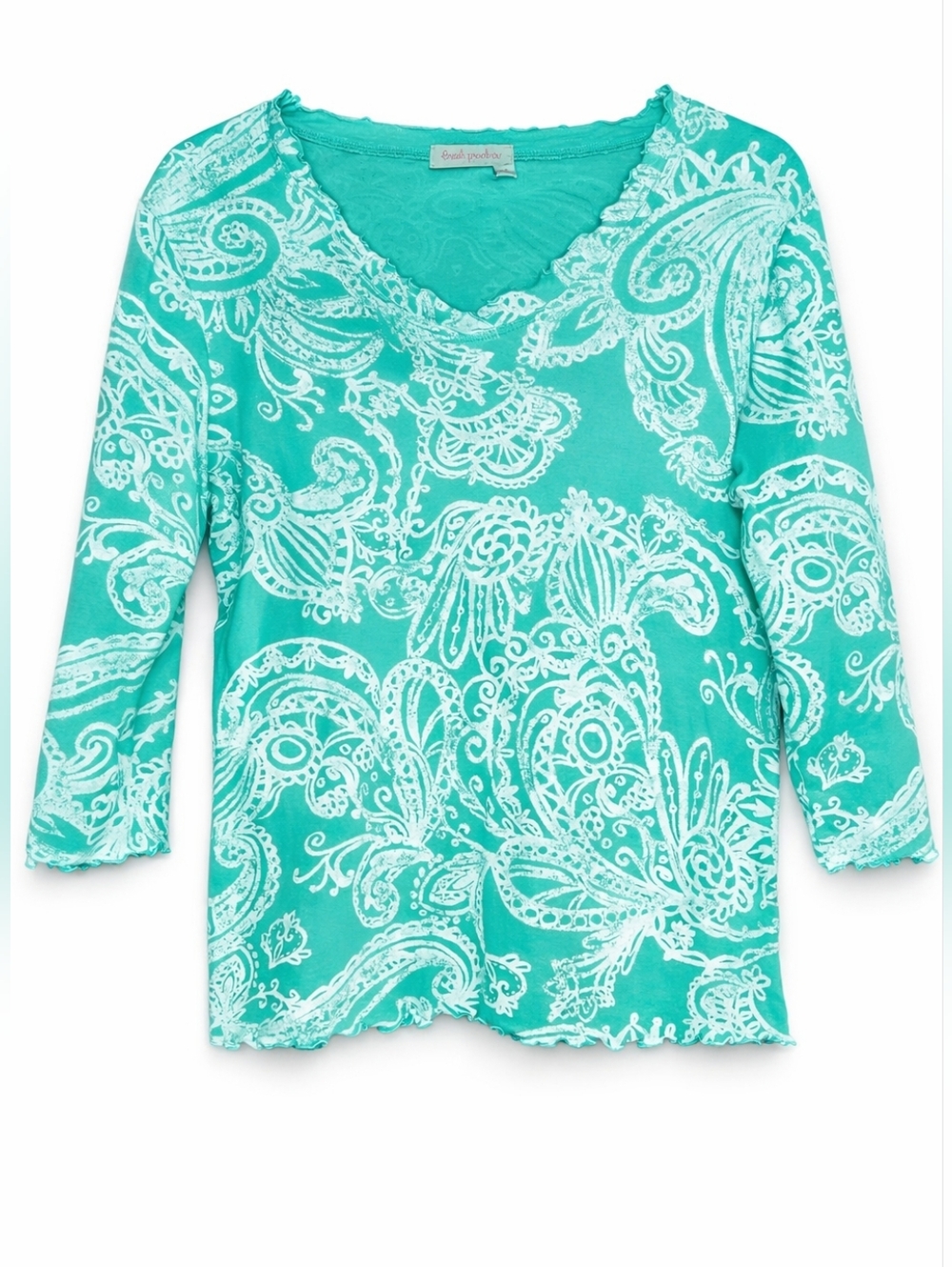 Fresh Produce Soft Teal Green Paisley Scroll Boho Coastal Cotton Knit Blouse Top